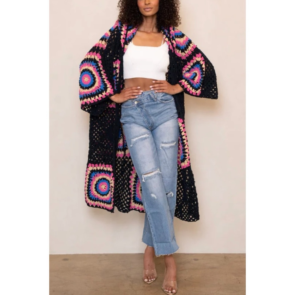 POL Black & Pink Crochet Granny Square Chenille Long Cardigan Relaxed Fit - Picture 12 of 16